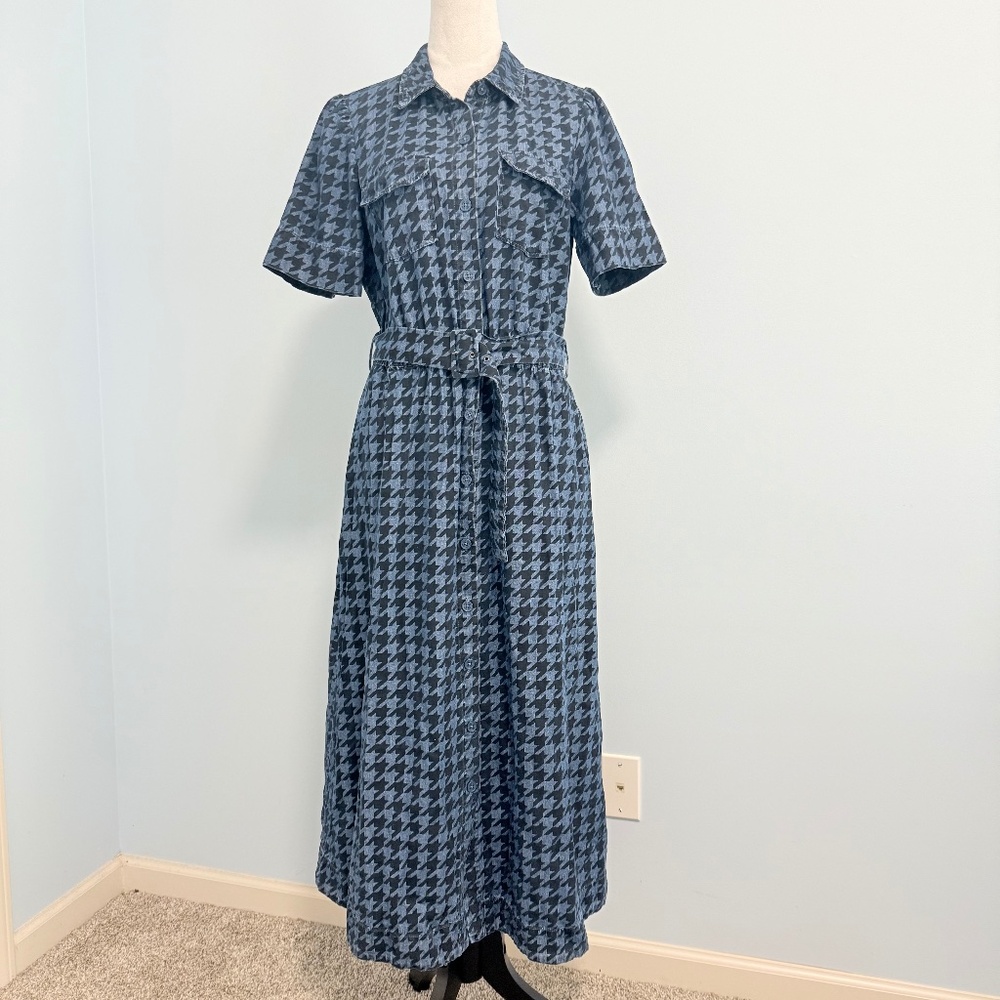 Anne Klein Women's Houndstooth Camp-Pocket Cotton Midi Dress Size M